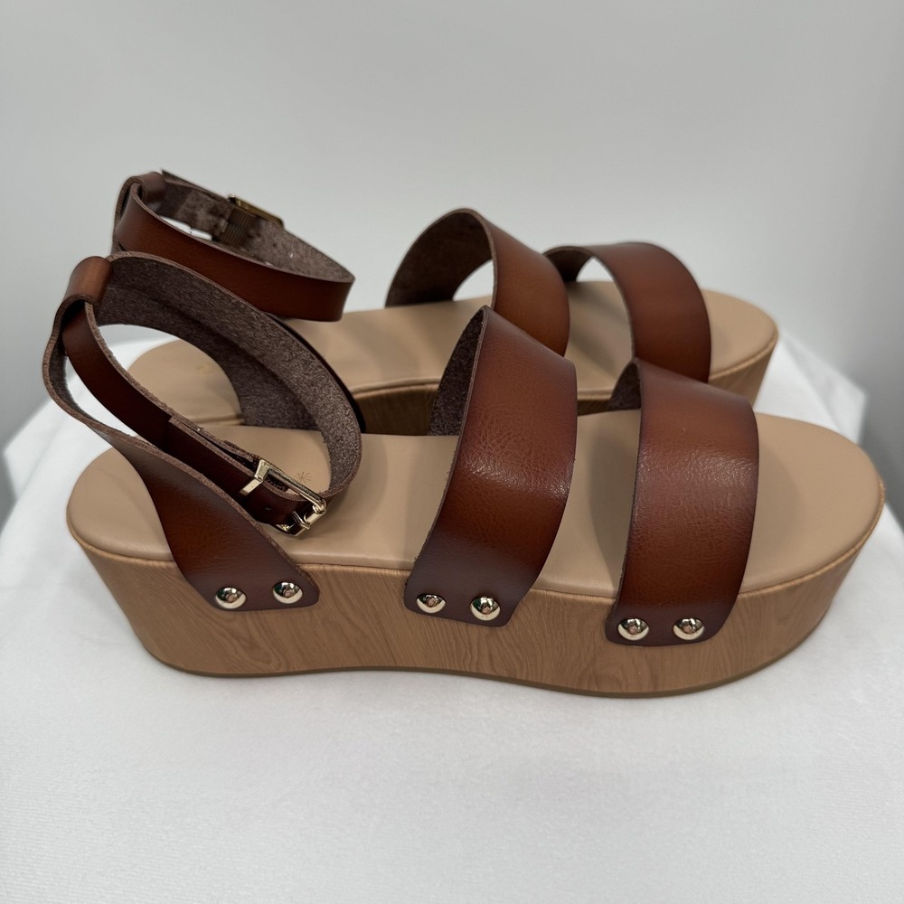 Shoedazzle Womens Azure‎ Platform Sandals 11 Brown Studded Woodgrain Wedge Boho